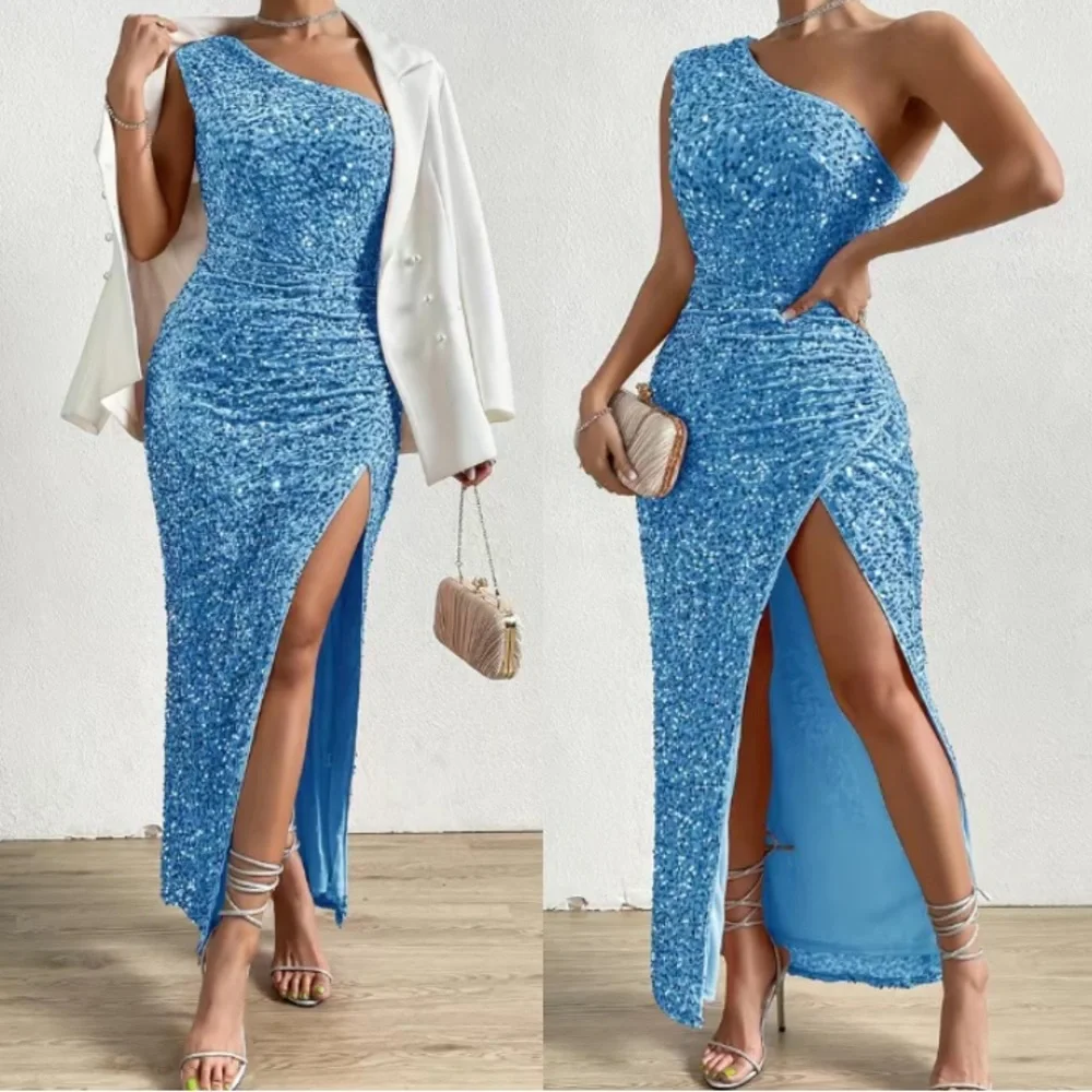 Luxe blue one shoulder slit thigh party formal evening sequins dress - Picture 1 of 16
